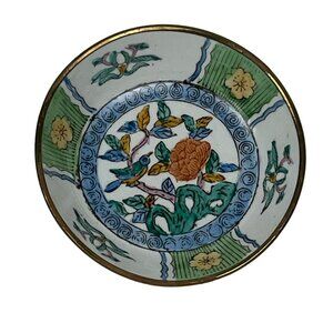 Vintage Brass-Encased Porcelain Bowl Hand-Painted Floral